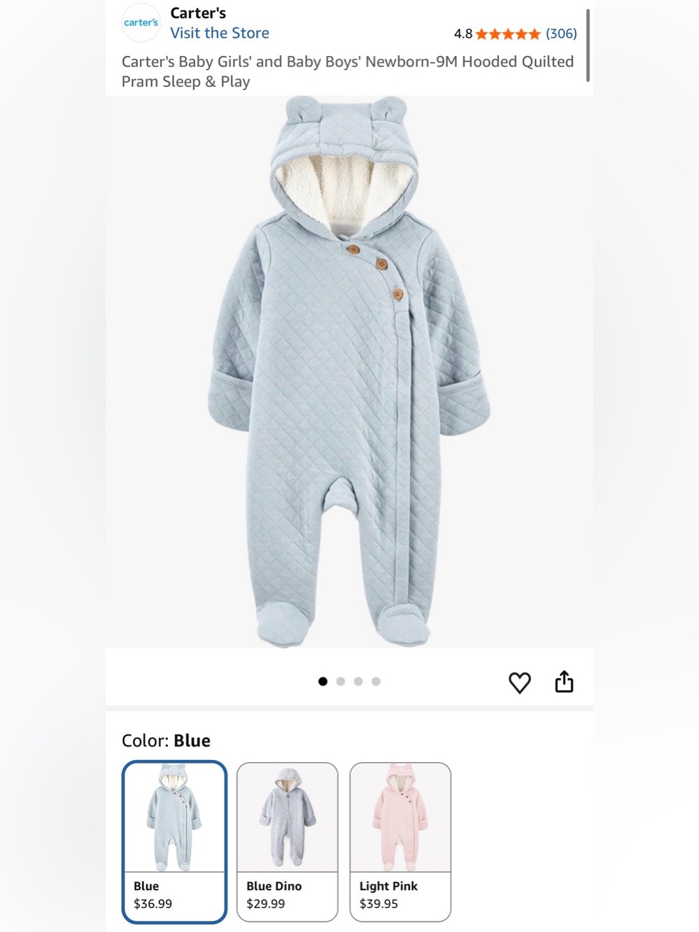 Carter's Hooded Quilted Pram Sleep and play NWOT